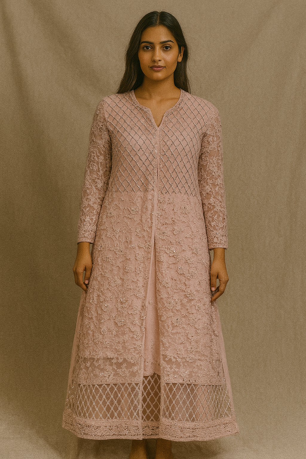 Rose Pink Designer Lace Dress - A-Line with Geometric Pattern